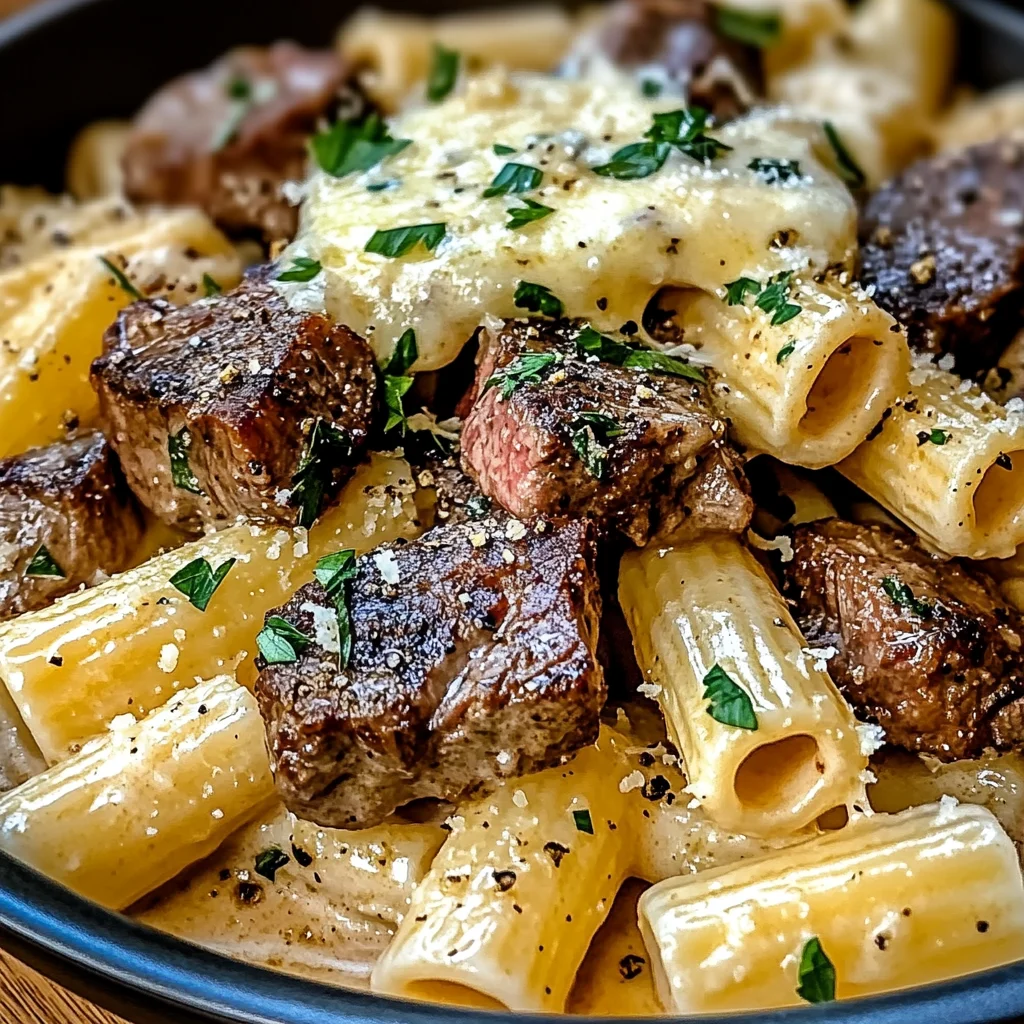 Garlic Butter Steak Tips with Cheesy Rigatoni