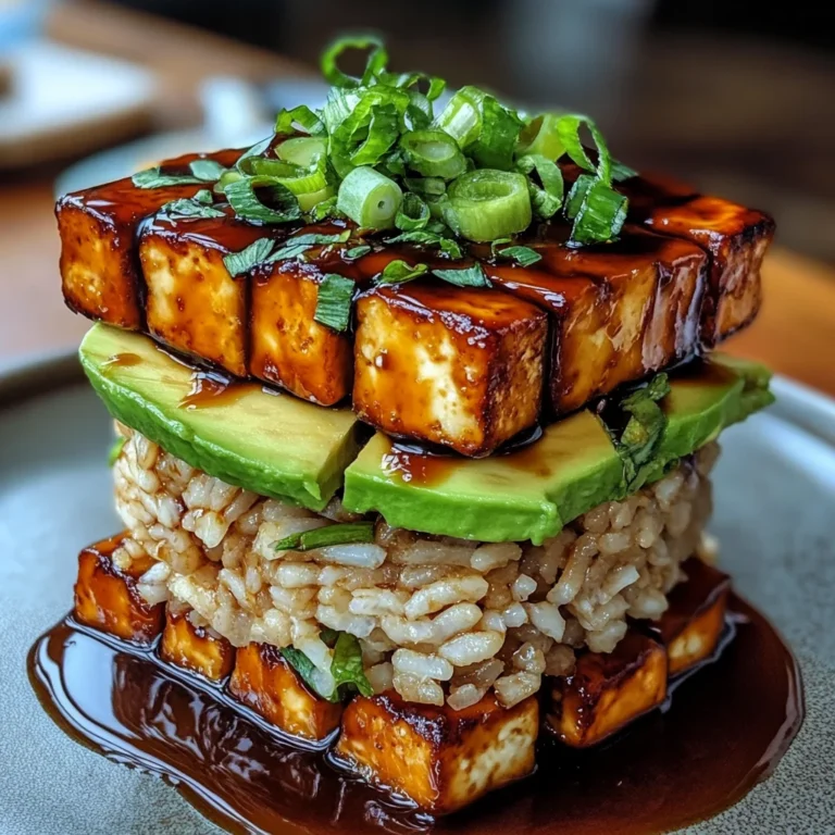 Crispy Teriyaki Tofu and Avocado Rice Stack