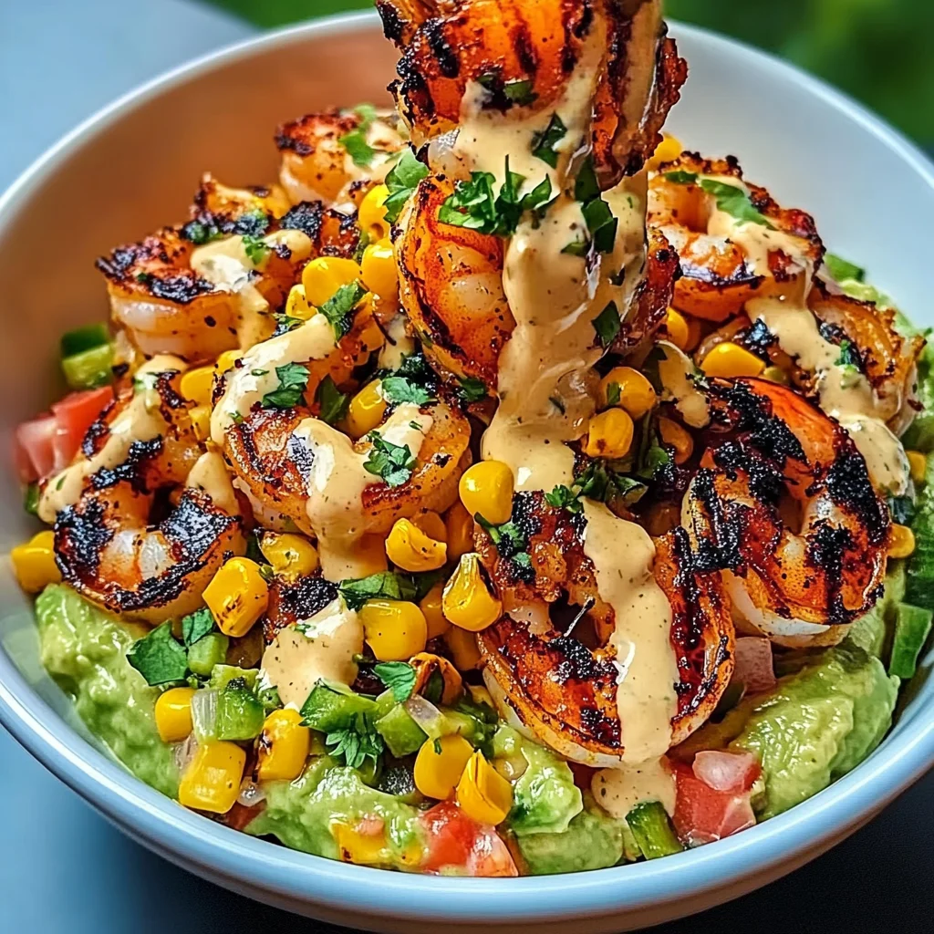 Grilled Shrimp Bowl with Avocado, Corn Salsa & Creamy Sauce