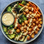 Roasted Veggie Chickpea Bowls with Maple Dijon Tahini Dressing