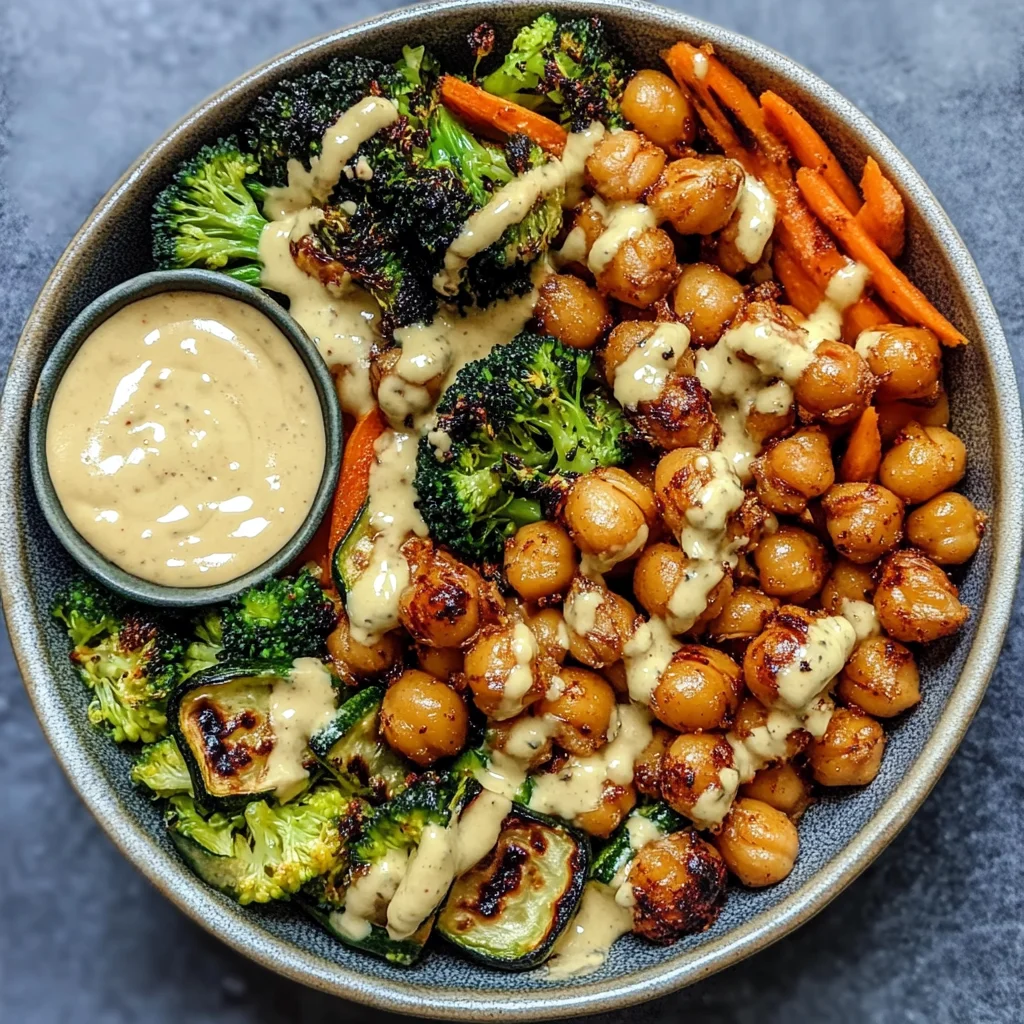 Roasted Veggie Chickpea Bowls with Maple Dijon Tahini Dressing