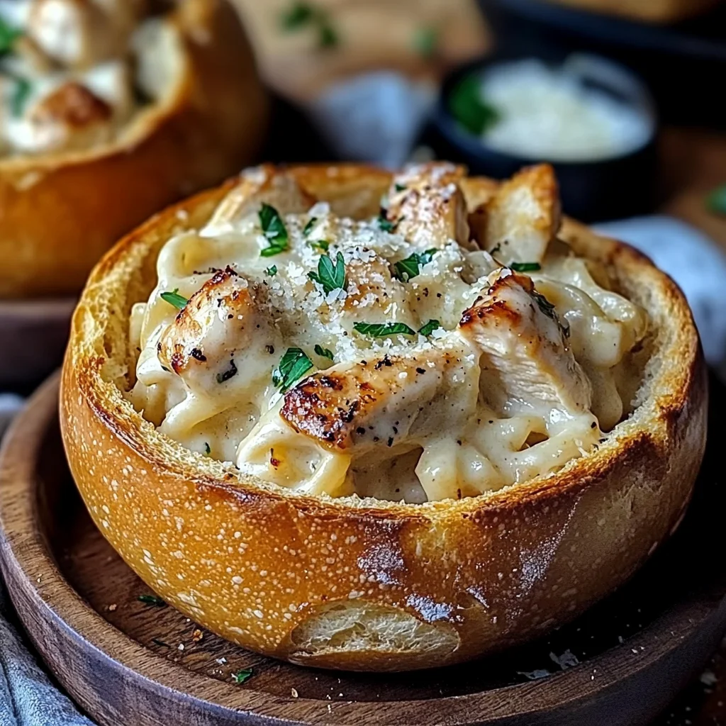 Chicken Alfredo Garlic Bread Bowls